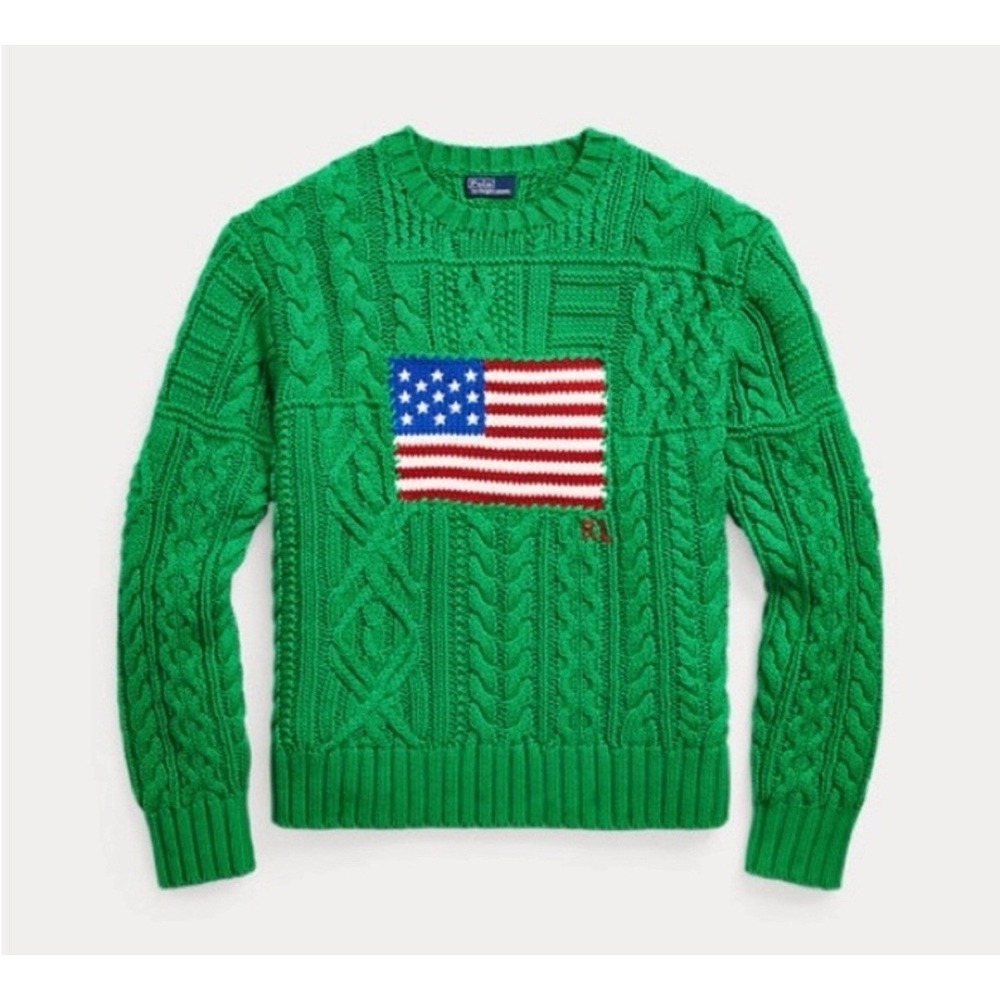 Polo Ralph Lauren Womens Aran Knit Cotton American Flag Sweater Green SZ XXL NEW - Picture 2 of 11